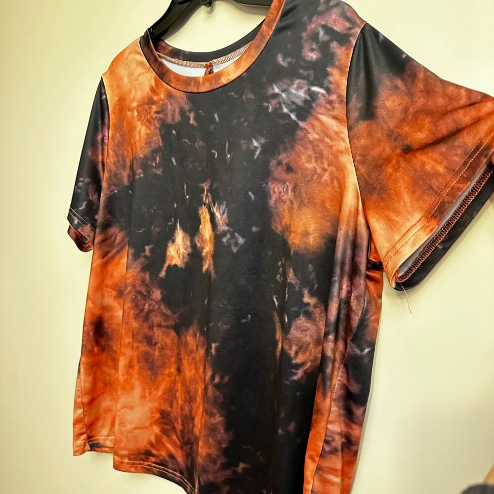 SHEIN Curve 0XL Black Orange Tie Dye Open Back Tee Top - Picture 6 of 6